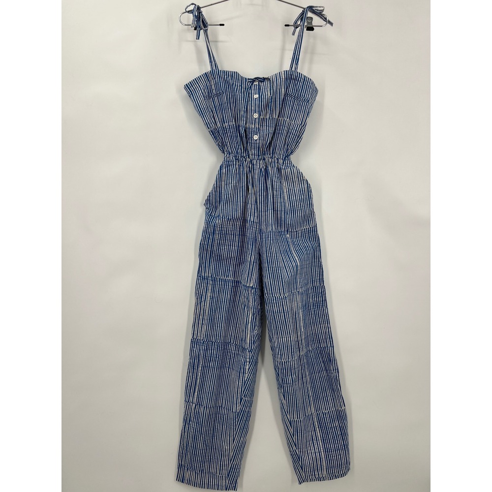 Vtg Blue Ginger Handmade Batik‎ Cotton XS Jumpsuit Crop Top Set Blue Wh Striped